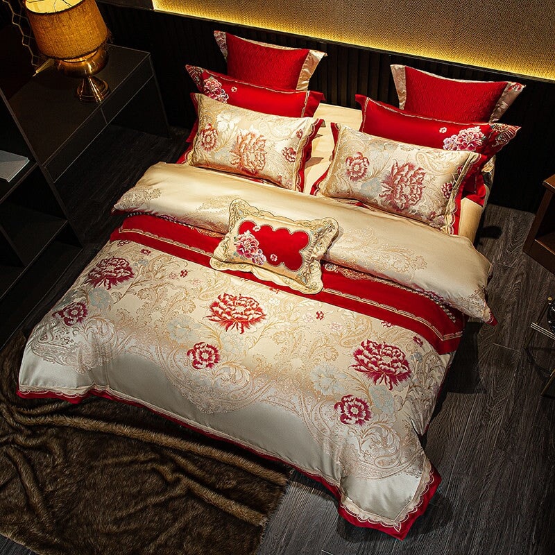 Oriental Jacquard Red Luxury Bedding Set (600 TC)