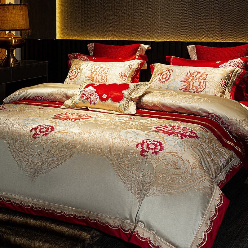 Oriental Jacquard Red Luxury Bedding Set (600 TC)