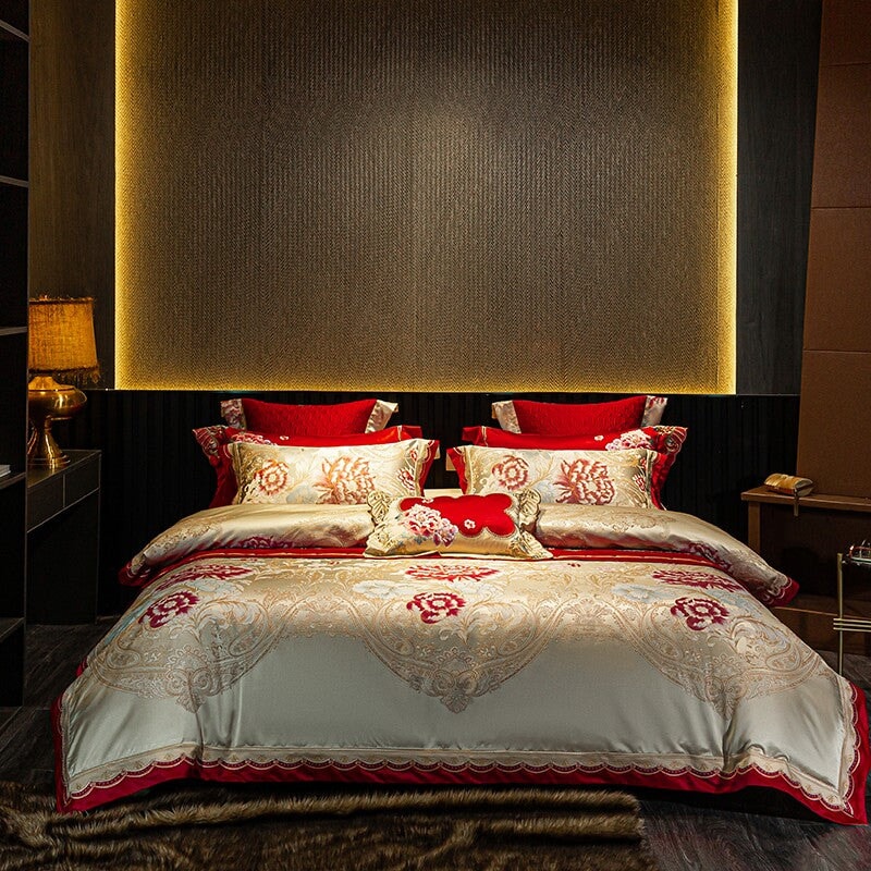 Oriental Jacquard Red Luxury Bedding Set (600 TC)