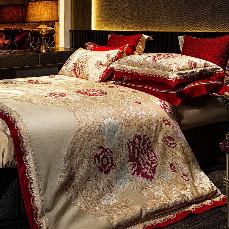 Oriental Jacquard Red Luxury Bedding Set (600 TC)